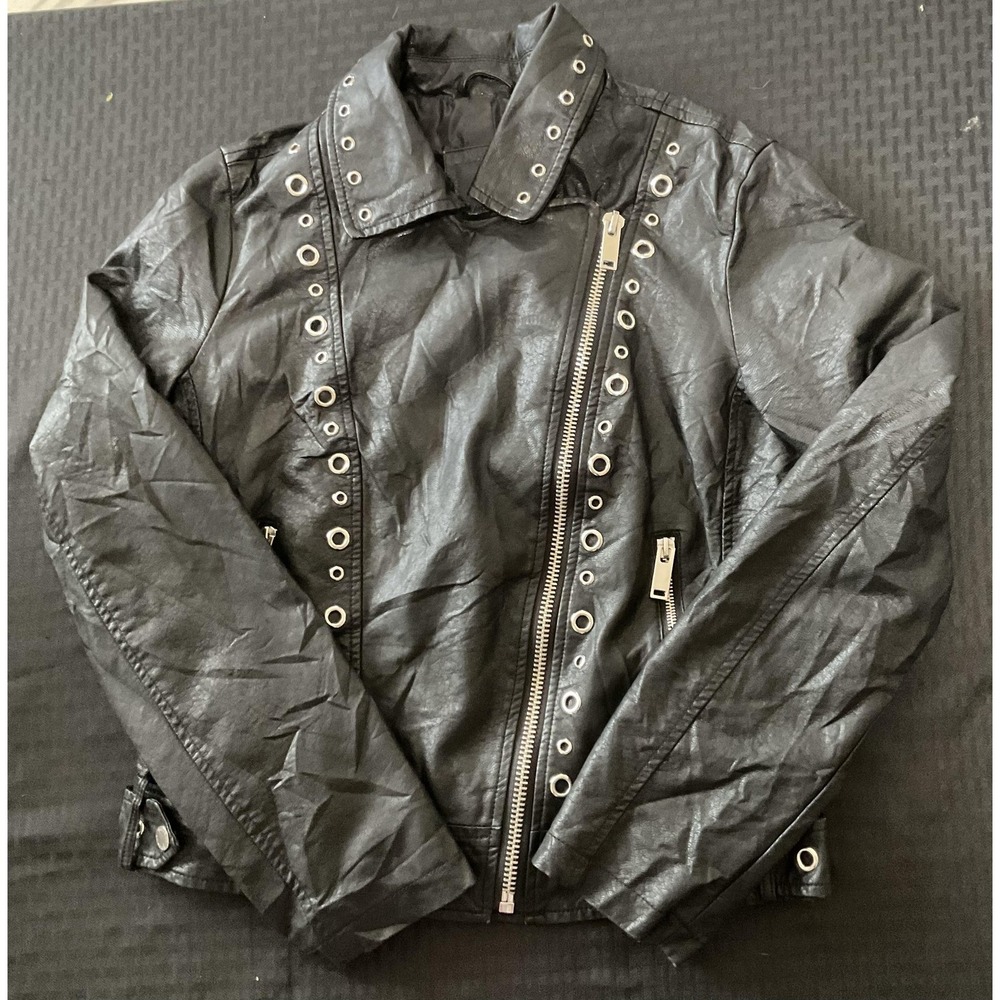 Collection B Jacket Womens Medium‎ Black Faux Leather Moto Grommet Zip Biker